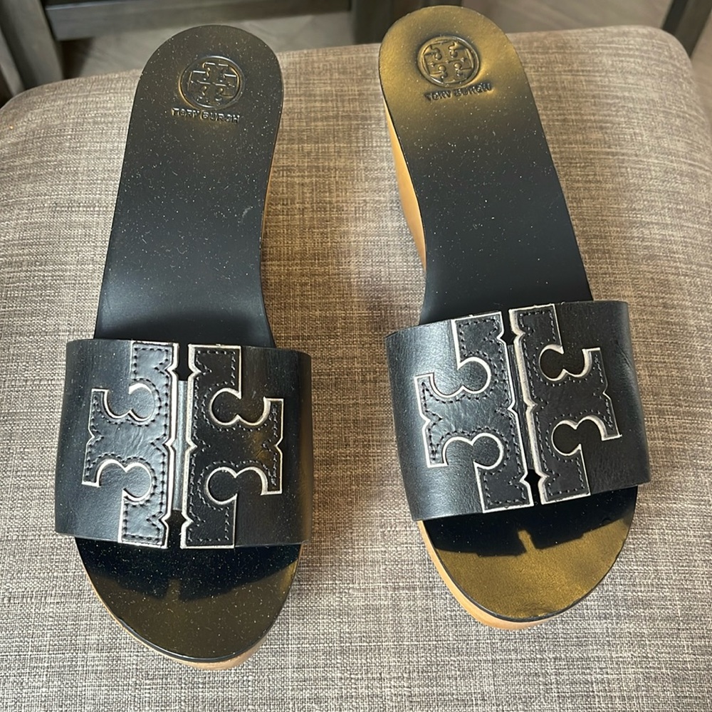 Brand New Tory Burch Black wooden mules..